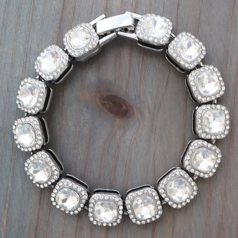 12.5mm Clear Square Halo Diamond Chain Rhinestones Bracelet Silver Plated